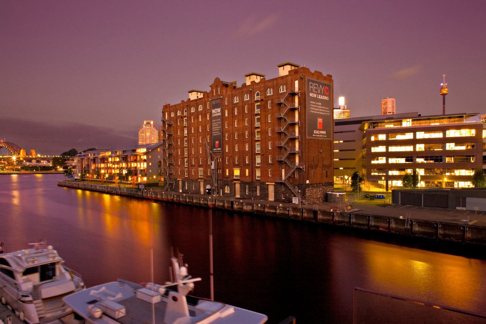 The Royal Edward Victualling Yard, Pyrmont, at dusk across the water